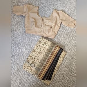 Tan Floral Saree & Matching Blouse